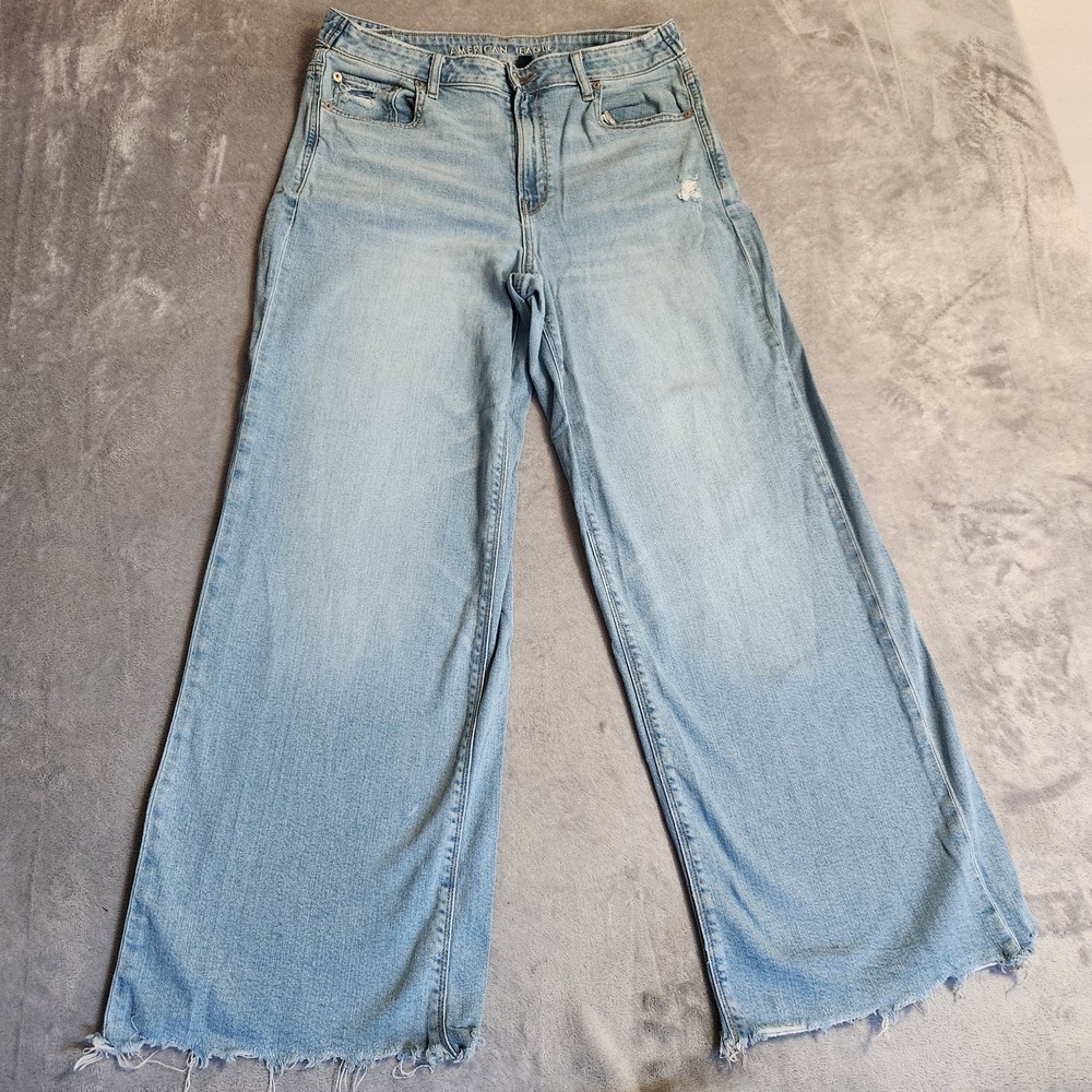 American Eagle Super High Rise Baggy Wide Leg Jeans 10 Short Adjustable Raw Hem